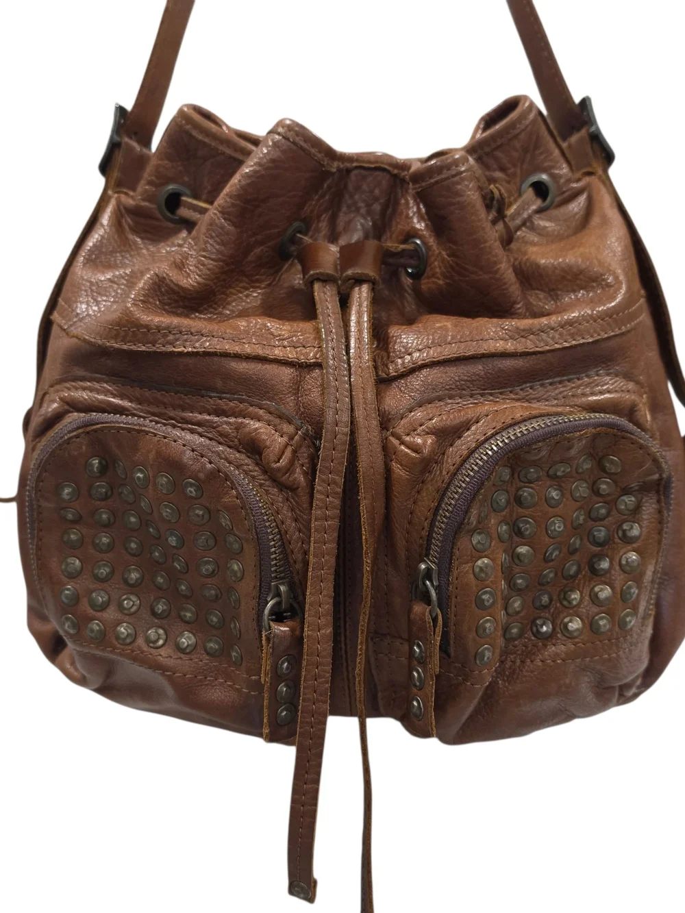 FRYE BROOKE STUDDED DRAWSTRING LEATHER BAG
